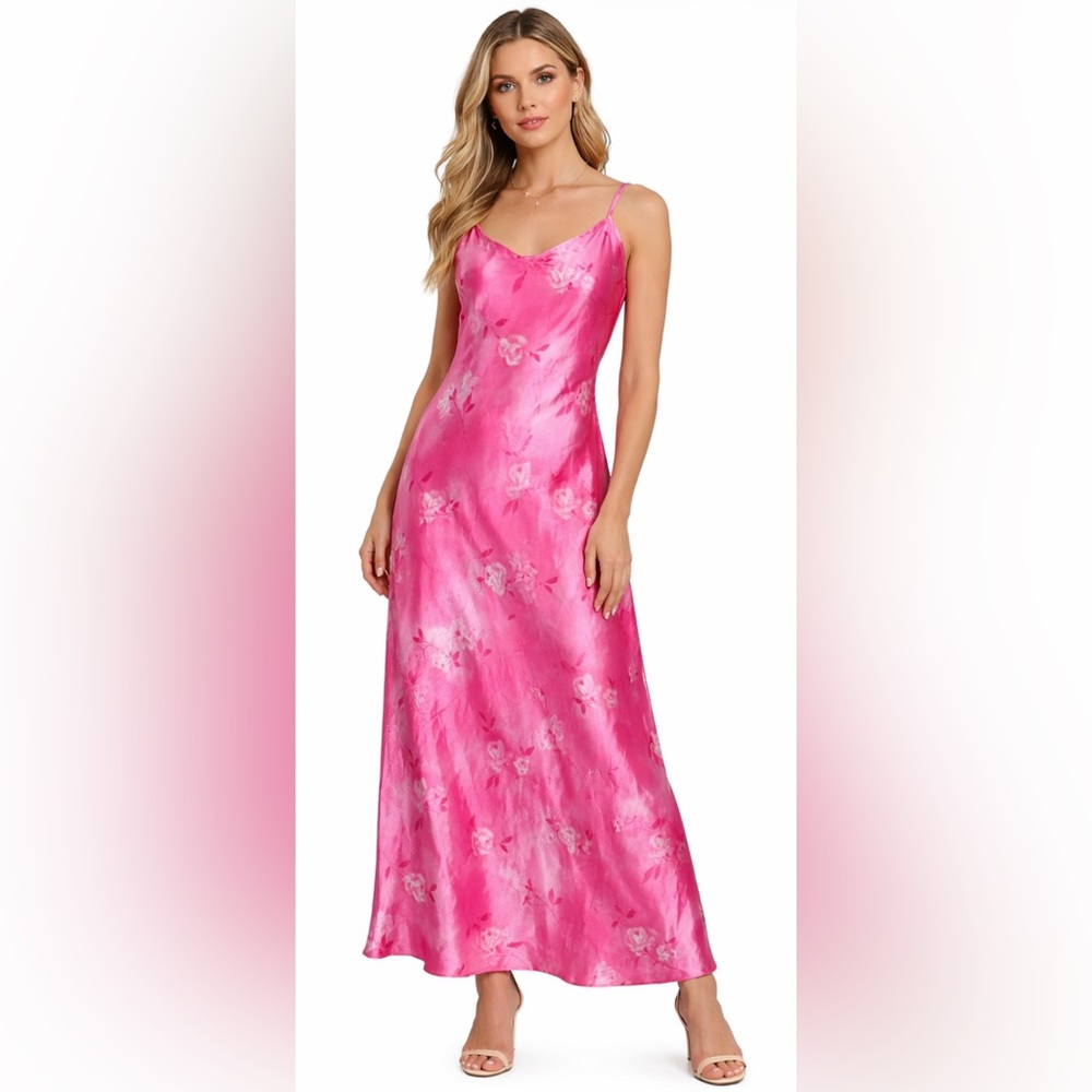 Vintage Inner Most slip dress nightgown silky satin feeling‎ pink floral maxi M